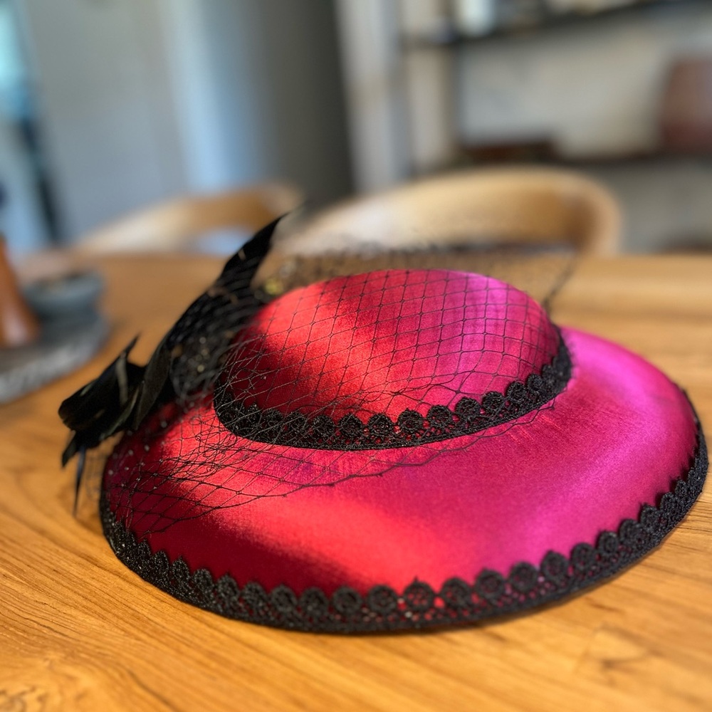 Elegant Pink Hat with Black Lace Trim